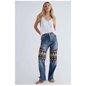 FREE PEOPLE Rocky Mountain Jeans 25 Alpine Blue Corduroy Trim Western $178